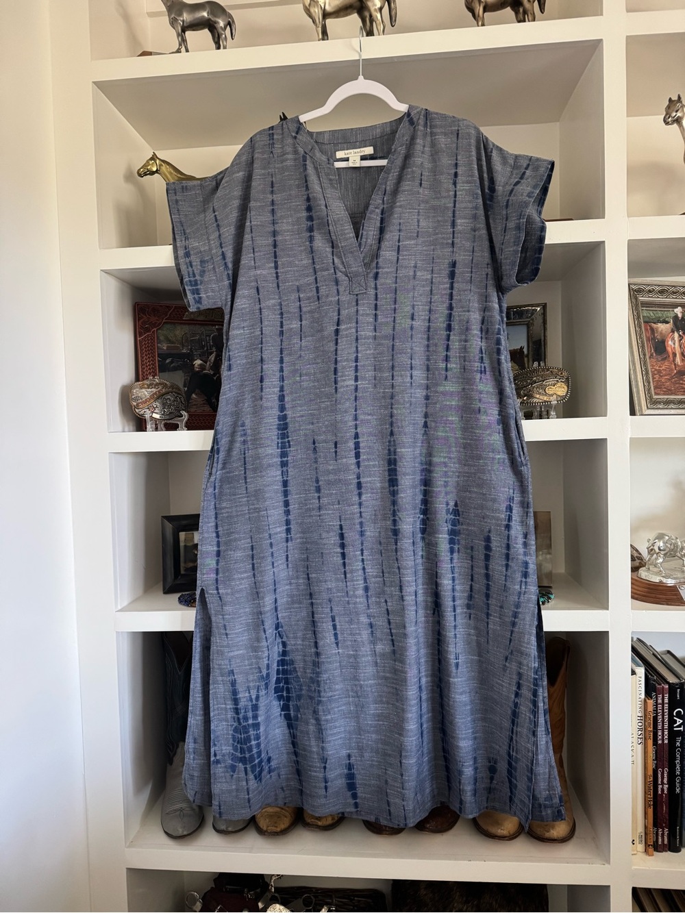 Kate Landry Blue Tie-Dye Cotton V-Neck Maxi Dress